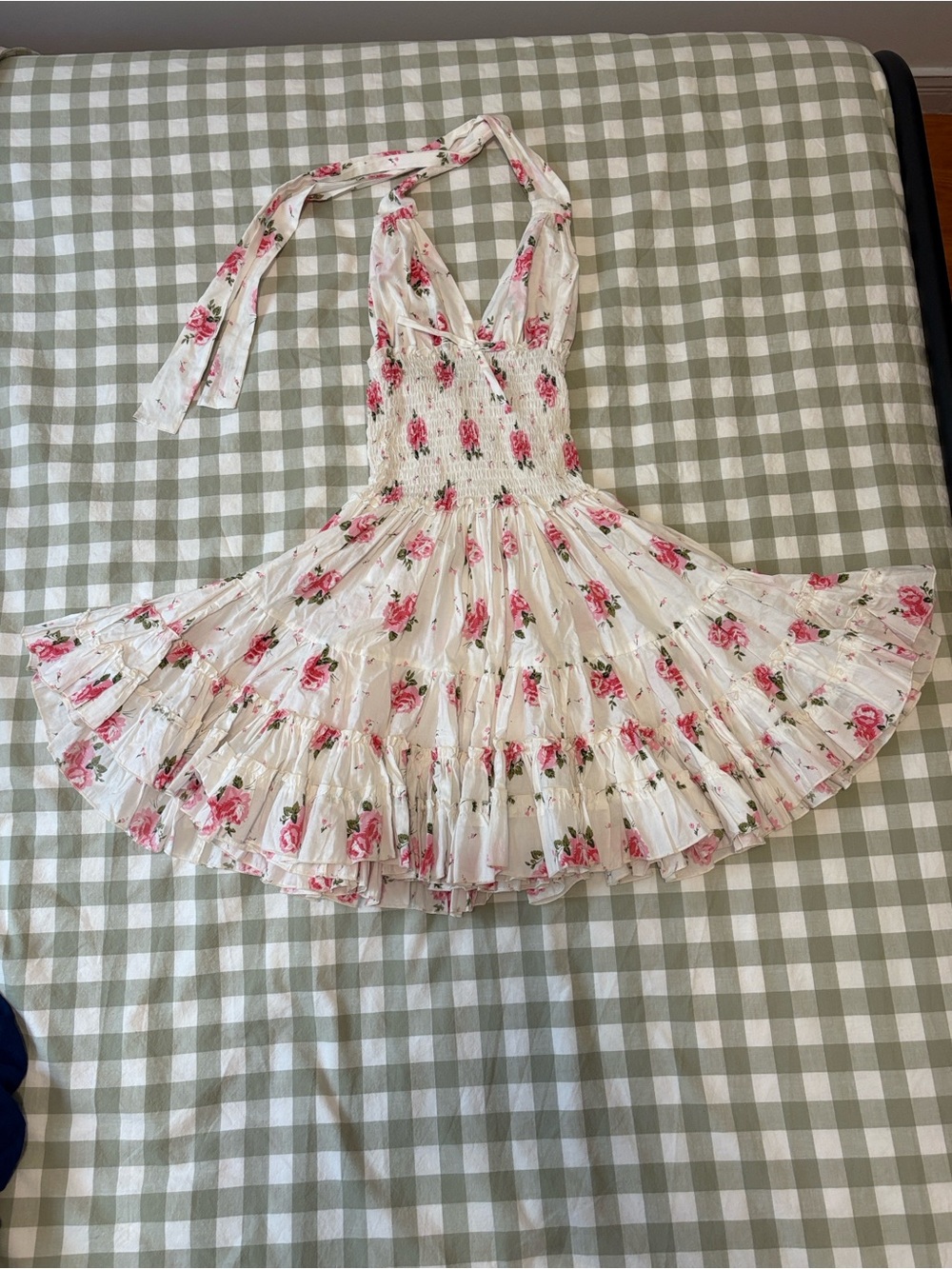Floral White Halter Mini Dress with Pink Rose Print